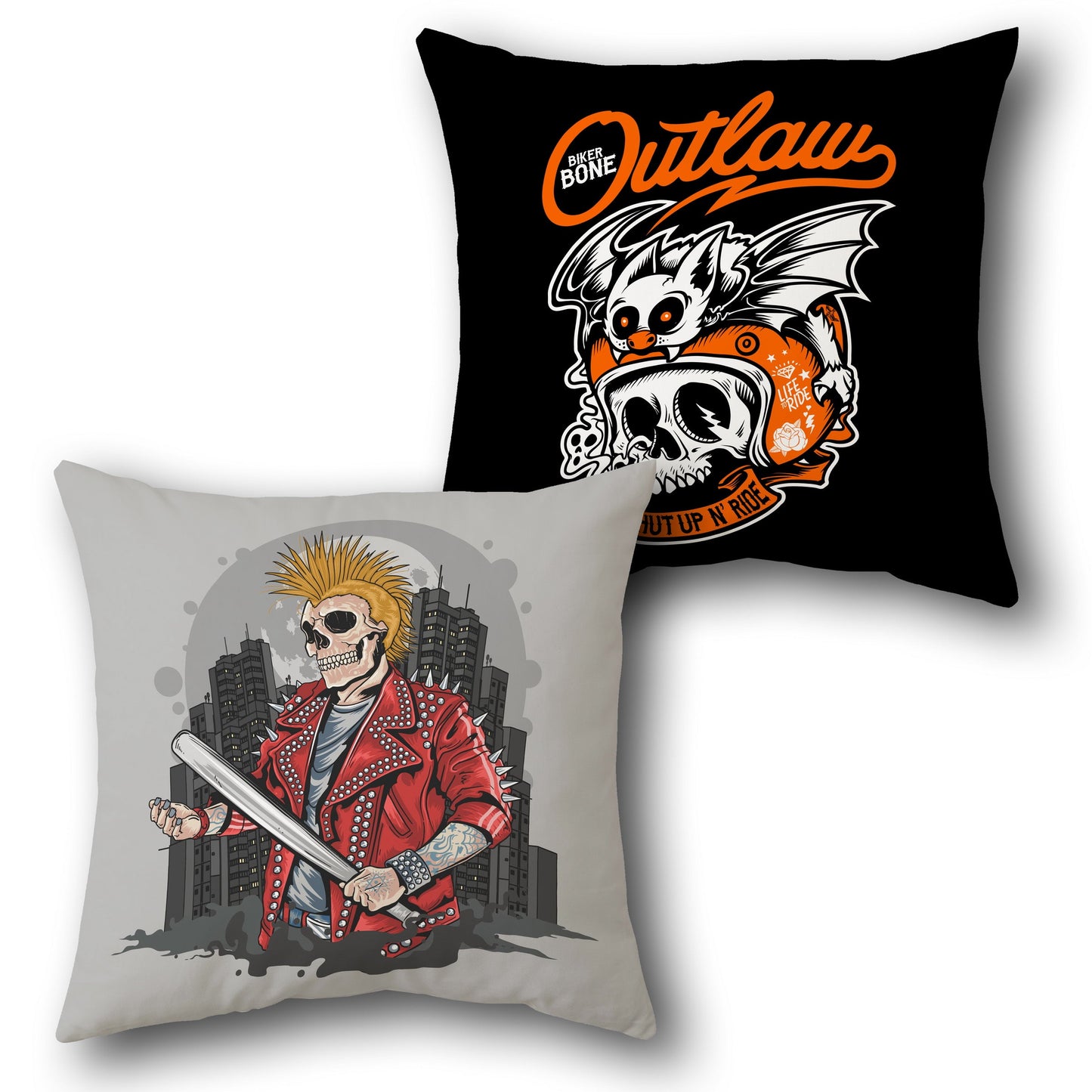 Outlaw Punk & Biker Bat Skull Design Cushion Single (Front & Back)