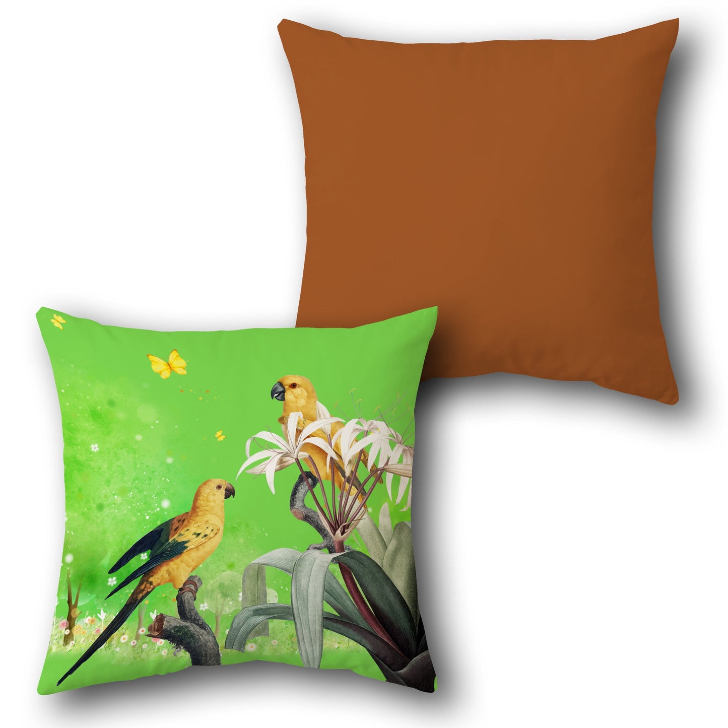 Golden Parakeets in Bloom Design Cushion Single (Front & Back)