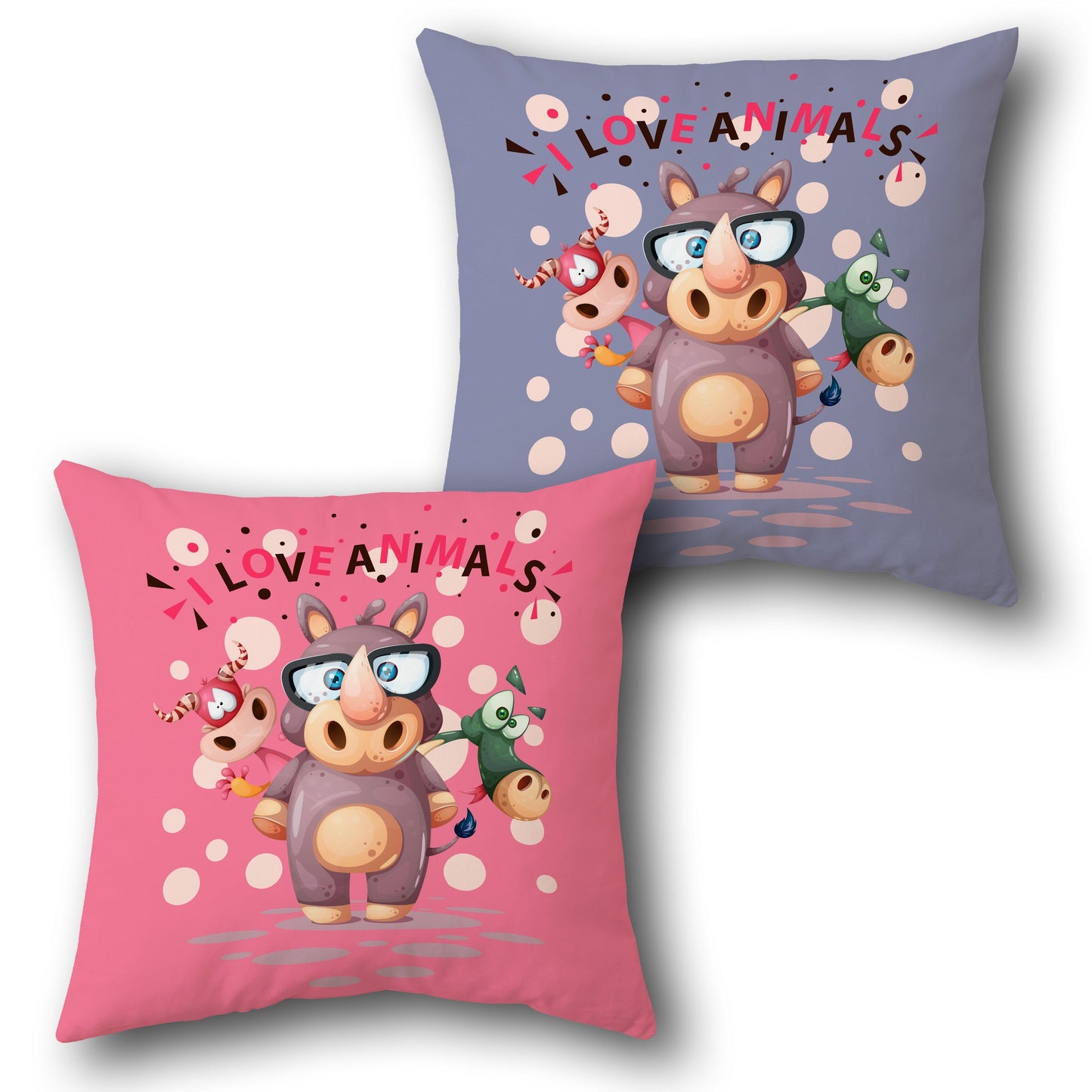 "I Love Animals" Cartoon Rhino Design Cushion Single (Front & Back)