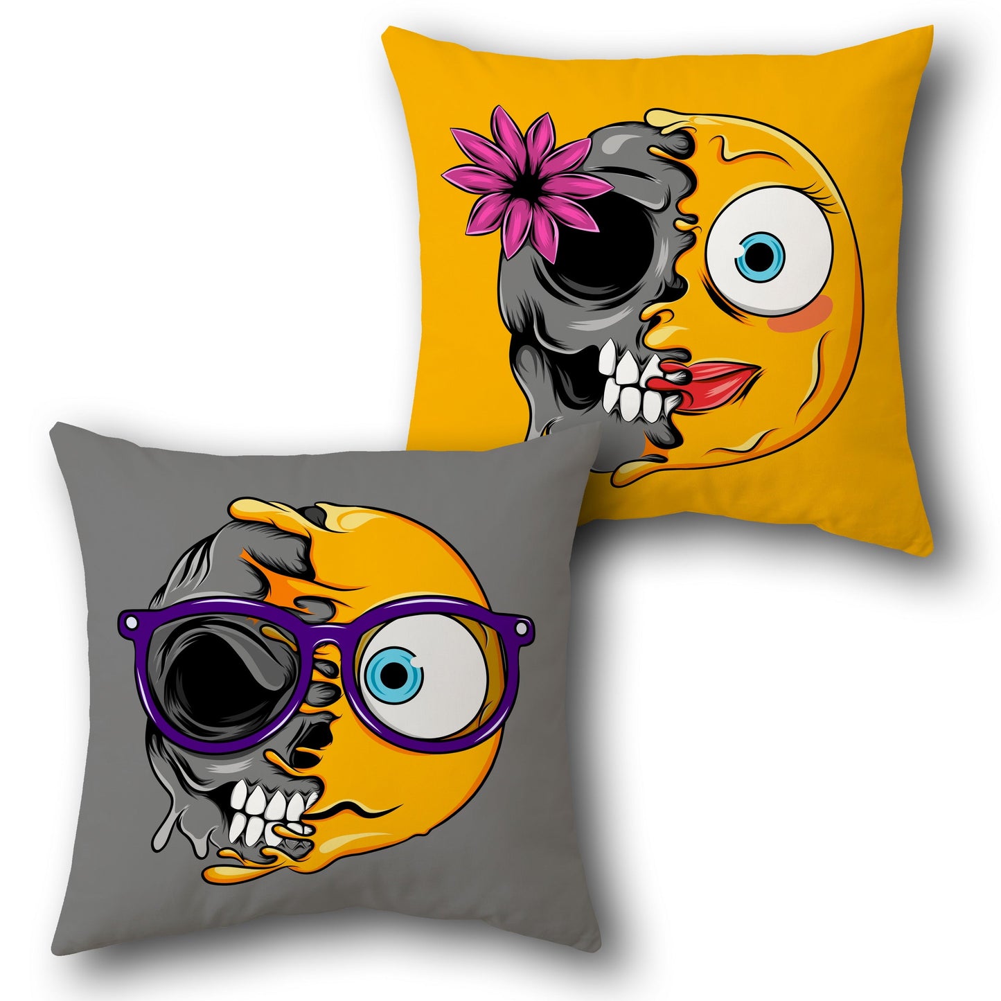 Flower Power Skull Emoji Cushion (Double-Sided | Cute Meets Creepy)