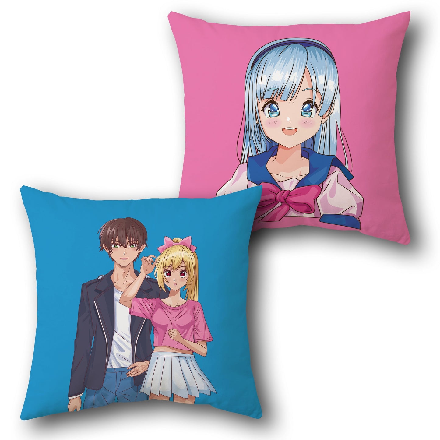 Kawaii Charm Dual-Sided Cushion – Playful Anime Couple & Schoolgirl Smile