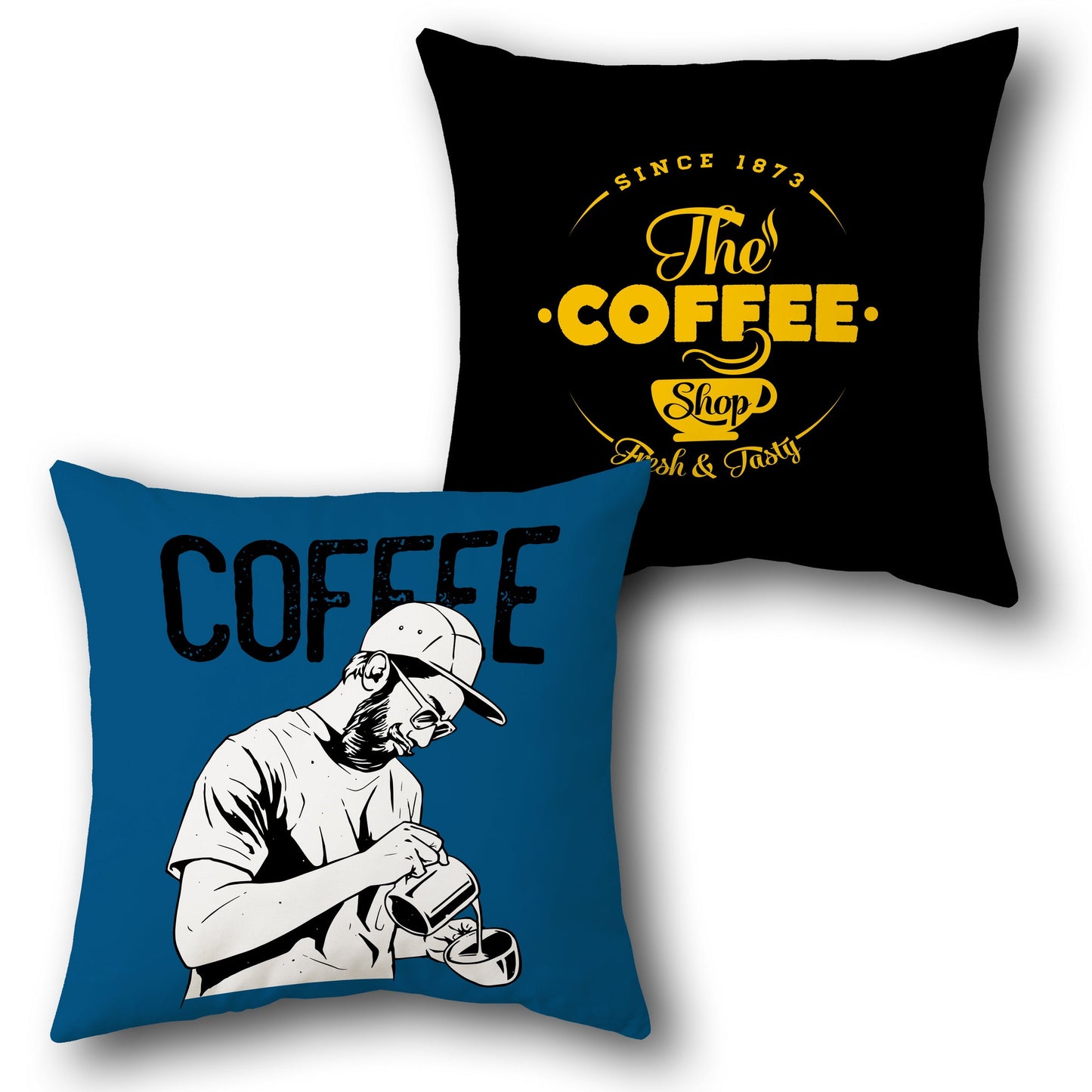 "The Coffee Shop" Vintage Throw - Blue and Black Design Cushion Single (Front & Back)