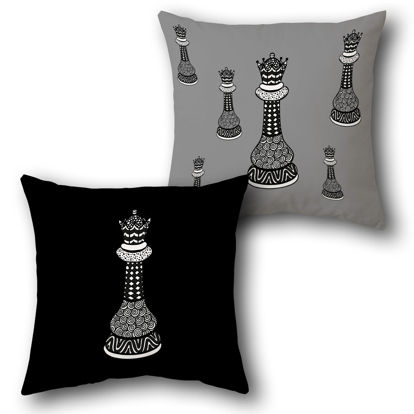 Doodle Queen Chess – Black & Gray Design Cushion Single (Front & Back)