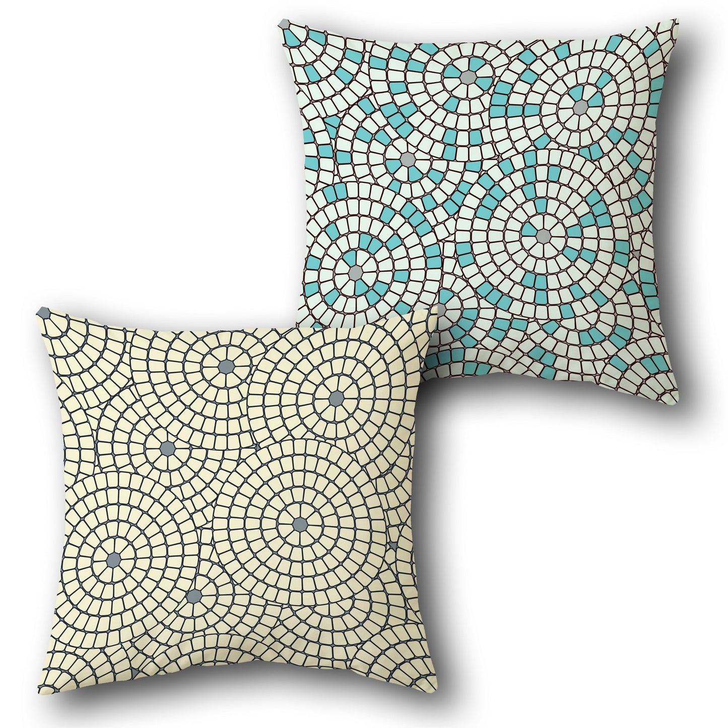Teal and Beige Mosaic Circle Design Cushion Single (Front & Back)