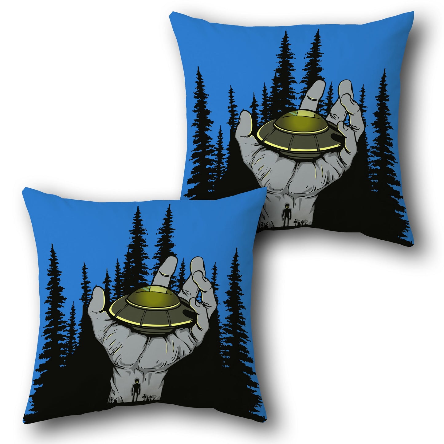 UFO Encounter - Blue with Gray and Yellow Design Cushion Single (Front & Back)