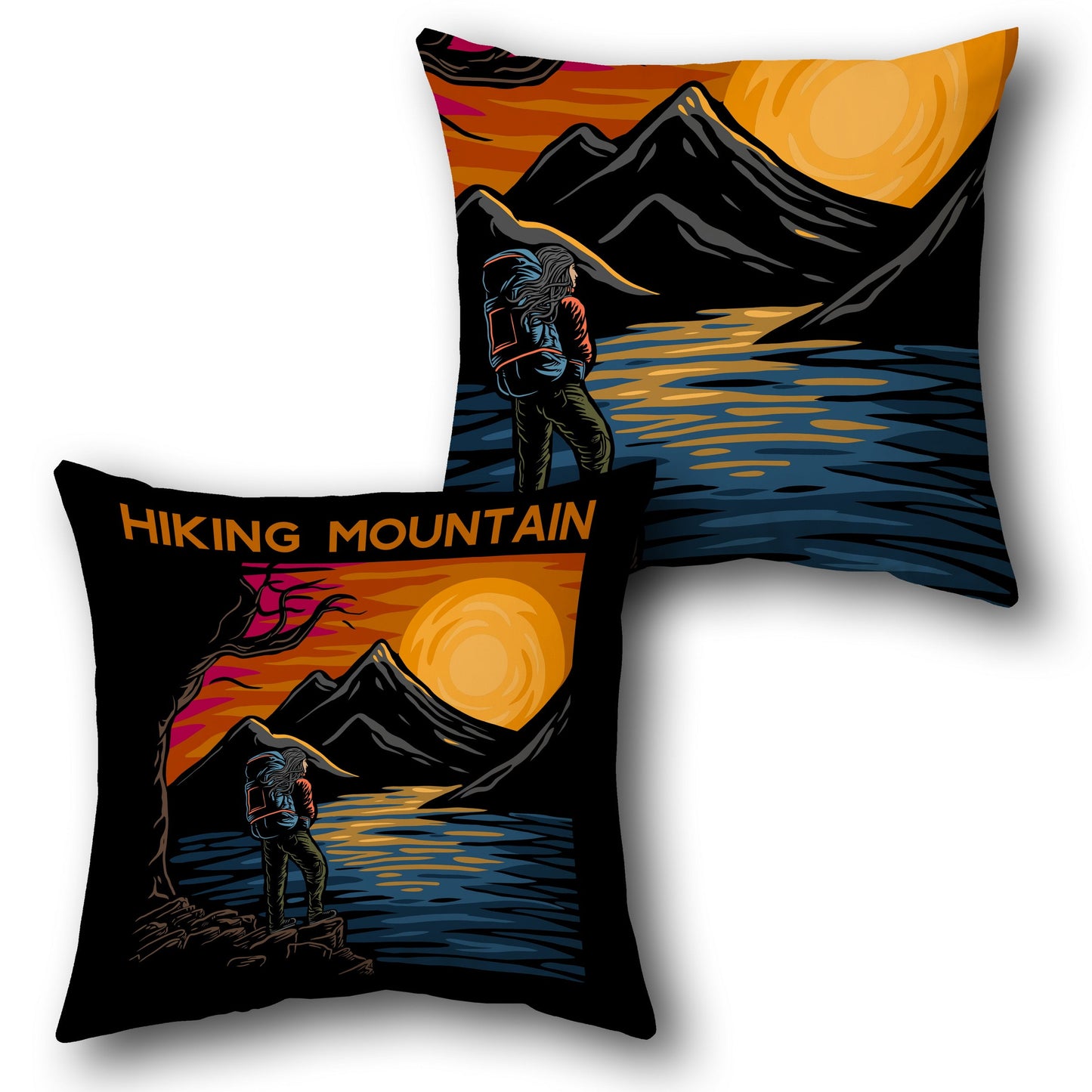 Hiking Mountain Scenic Throw - Black with Multicolor Design Cushion Single (Front & Back)
