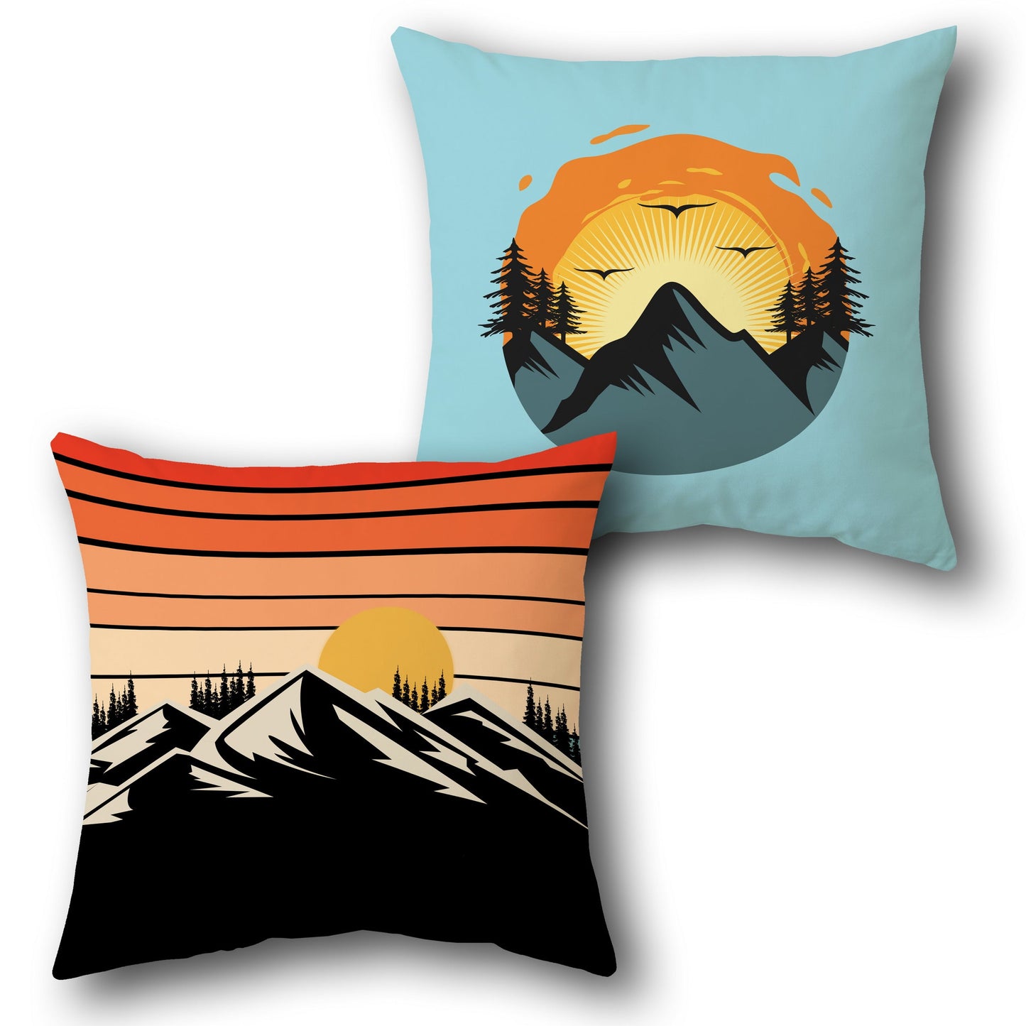 Mountain Sun Retro Throw - Multicolor with Light Blue and Black Base Design Cushion Single (Front & Back)