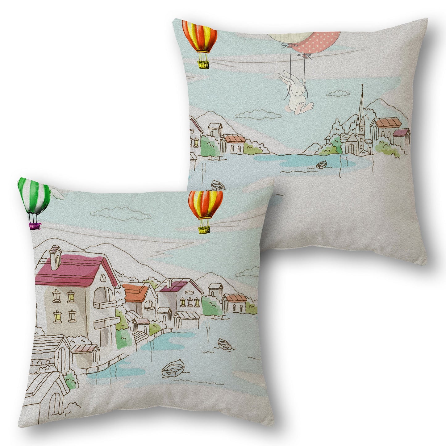 Whimsical Village Design Cushion Single (Front & Back) - Light Blue with Multicolor
