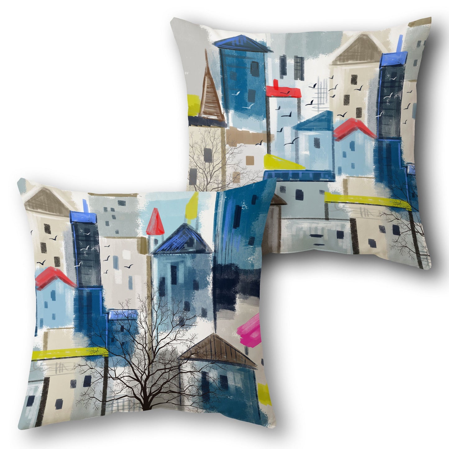 Abstract Cityscape Design Cushion Single (Front & Back) - Blue and Gray with Multicolor