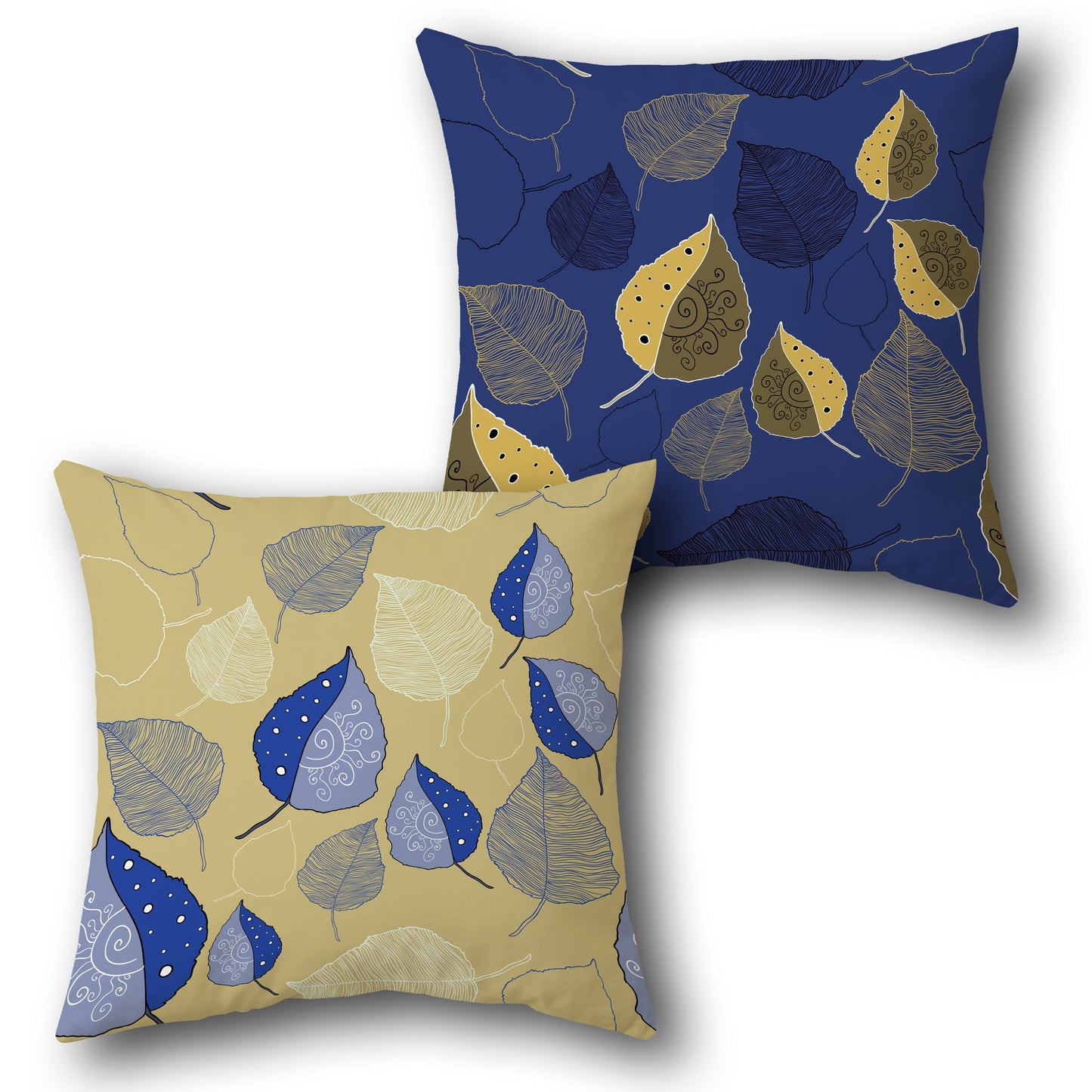 Blue-Mustard Leaf Whisper Cushion (Front & Back)