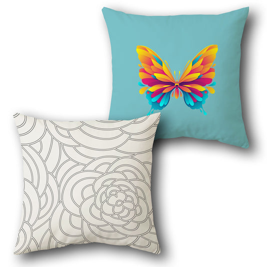 Dual  Throw   - Butterfly & Floral Line Art Design Single Cushion (Front & Back)
