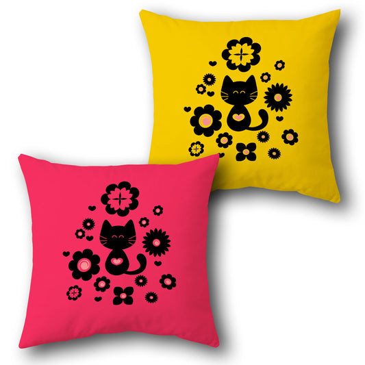 Cute Black Cat & Floral Pattern     Design Cushion Single (Front & Back)