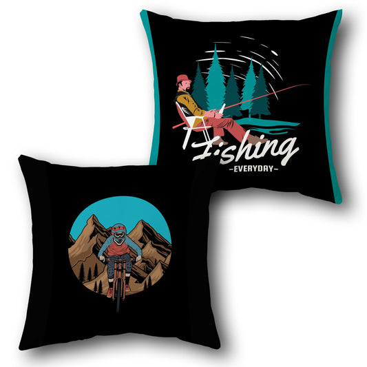 Adventure Duo   – "Fishing Everyday & Mountain Biker"  Design Cushion Single (Front & Back)