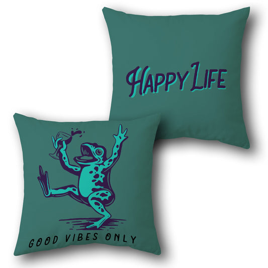 Happy Life & Good Vibes Frog  Cover   Design Cushion Single (Front & Back)