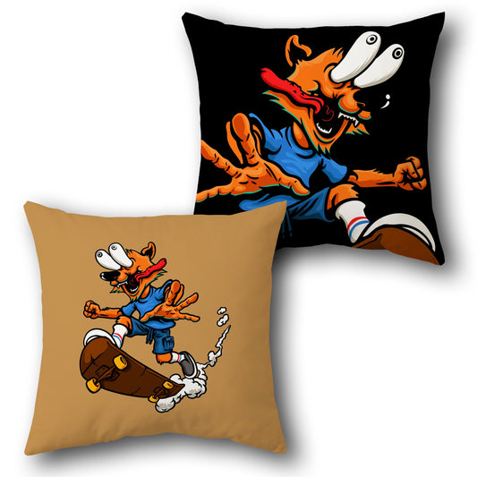 Wild Skater Fox   – Cartoon Skateboarding Fox   Design Cushion Single (Front & Back)