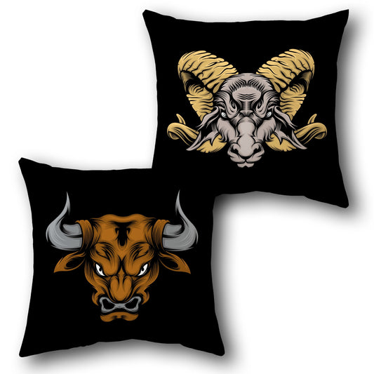 Fierce Zodiac Duo   – Bull & Ram Animal Head Ar  Design Cushion Single (Front & Back)