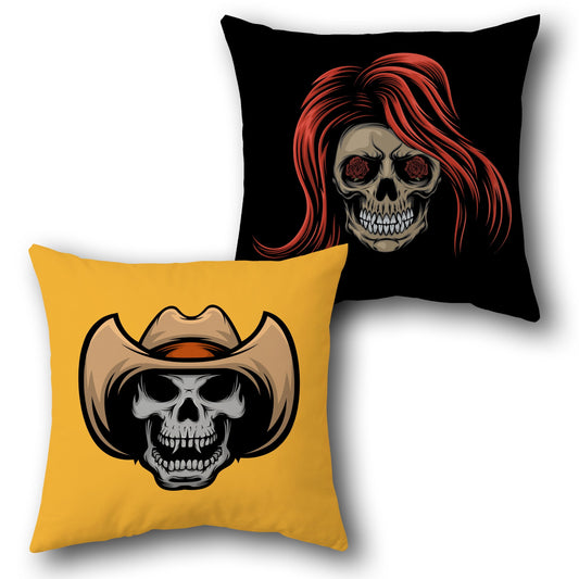Skull & Style Duo   – Cowgirl & Cowboy Skeleton Faces  Design Cushion Single (Front & Back)