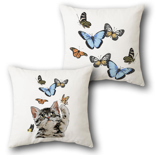 Playful Kitten & Butterflies   – “Chasing Colors”  Design Cushion Single (Front & Back)