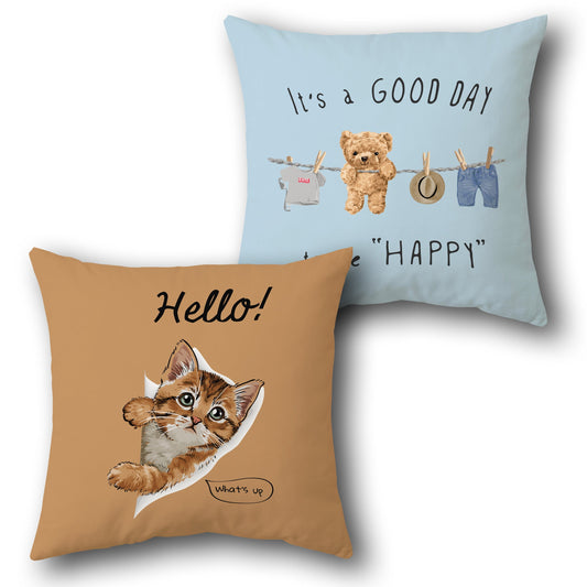 “Hello & Happy Day” Cat and Teddy    Design Cushion Single (Front & Back)