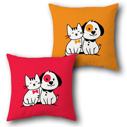 Playful Cat & Dog Duo  Cover   Design Cushion Single (Front & Back)