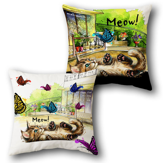 Playful Kitten & Butterflies    Design Cushion Single (Front & Back)