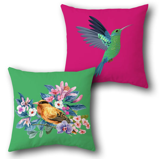 Tropical Bird Paradise   – Hummingbird & Floral Finch  Design Cushion Single (Front & Back)