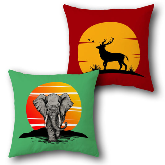 Savannah Sun Wildlife   – Elephant & Deer Silhouettes  Design Cushion Single (Front & Back)