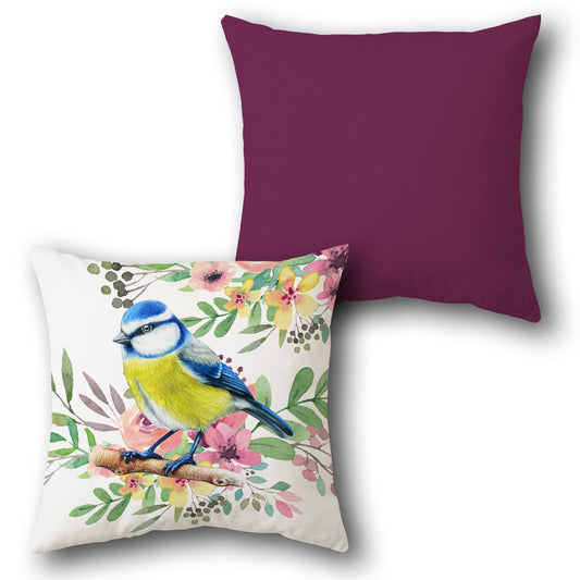 Blue Tit Bird & Floral     Design Cushion Single (Front & Back)