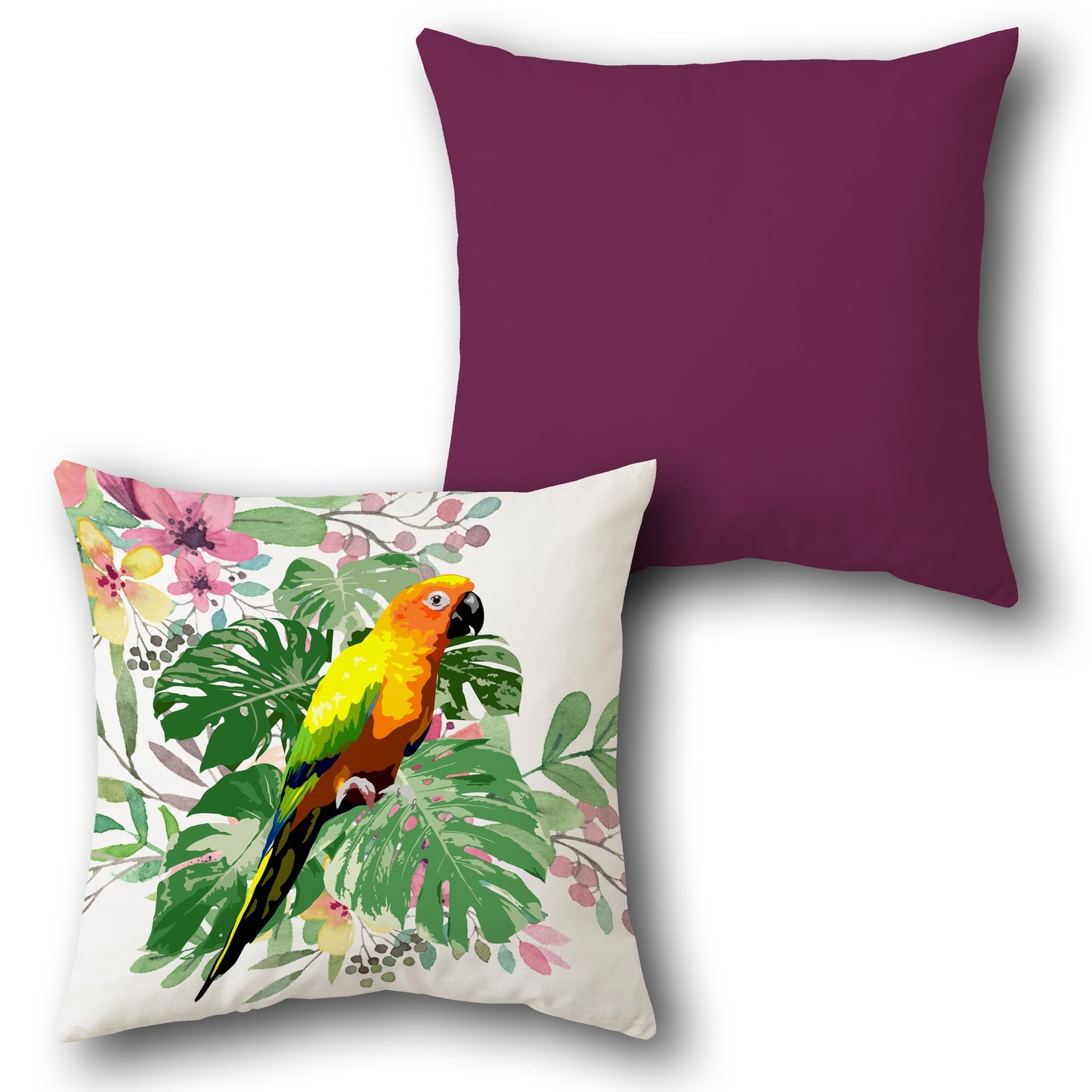 Tropical Sun Conure & Monstera Leaf    Design Cushion Single (Front & Back)