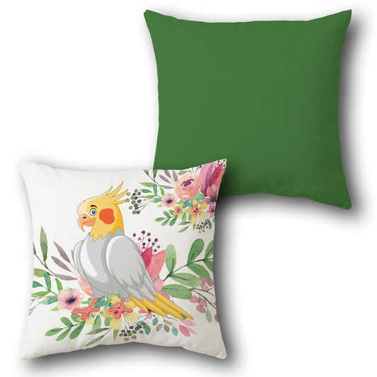 Whimsical Cockatiel & Garden Blooms    Design Cushion Single (Front & Back)