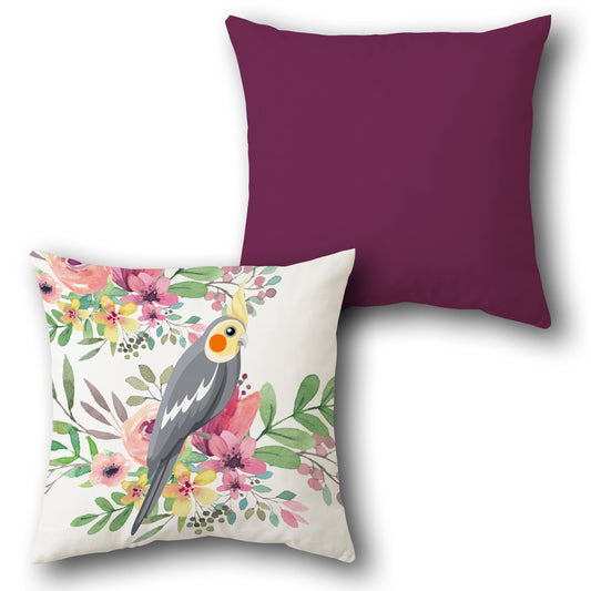Charming Grey Cockatiel & Blooming Garden    Design Cushion Single (Front & Back)