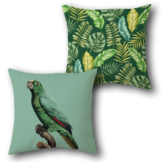 Tropical Green Parrot & Foliage    Design Cushion Single (Front & Back)