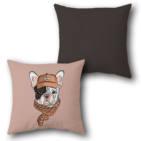 Trendy French Bulldog in Cap & Scarf Throw    Design Cushion Single (Front & Back)