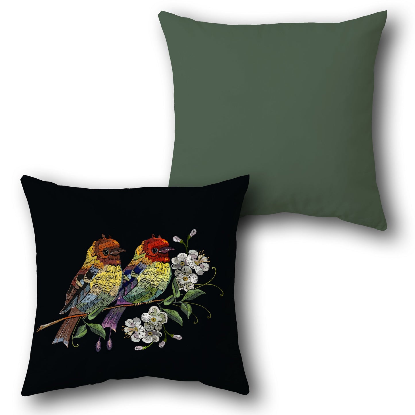 Twin Songbirds Embroidered Floral    Design Cushion Single (Front & Back)