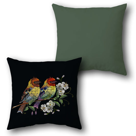 Twin Songbirds Embroidered Floral    Design Cushion Single (Front & Back)