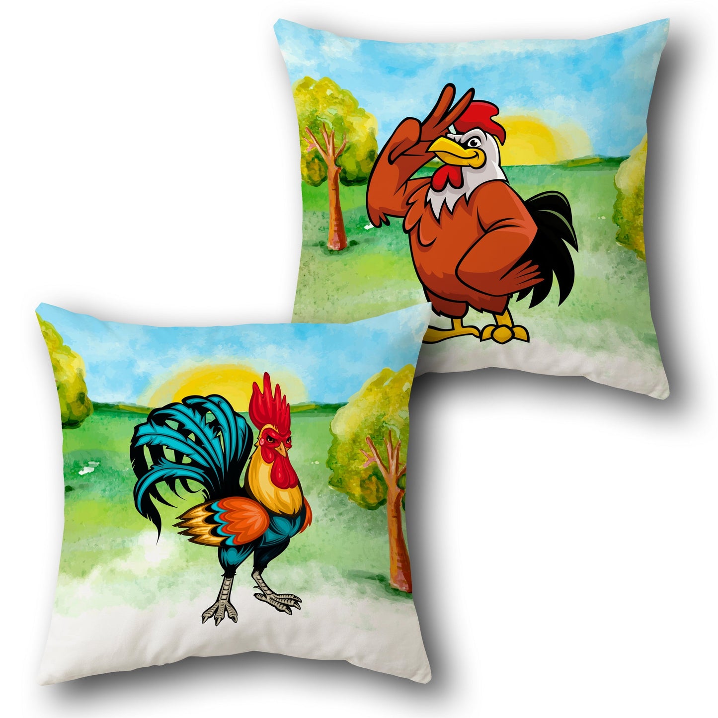 Cartoon Roosters in the Countryside    Design Cushion Single (Front & Back)