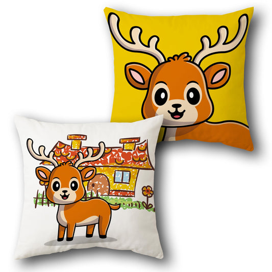 Woodland Deer   – Cartoon Forest Charm  Design Cushion Single (Front & Back)