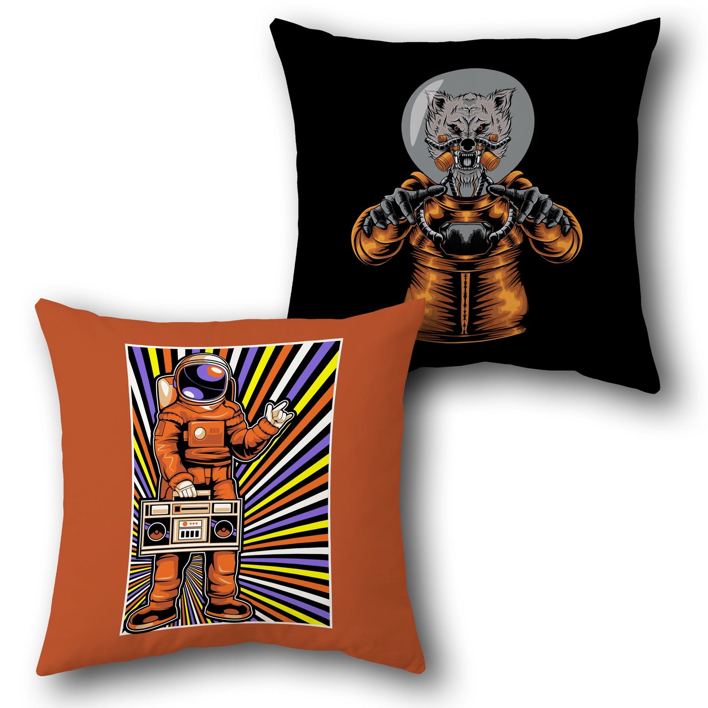 Retro Space Vibes   – Astronaut DJ & Alien Beast  Design Cushion Single (Front & Back)