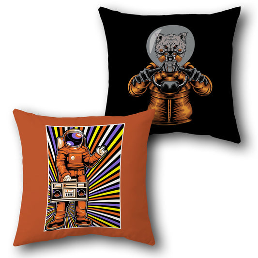Retro Space Vibes   – Astronaut DJ & Alien Beast  Design Cushion Single (Front & Back)
