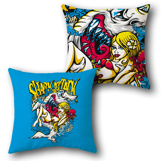 Shark Attack Reversible Cushion (Double-Sided | Comic Pop Art Mermaid & Killer Shark)