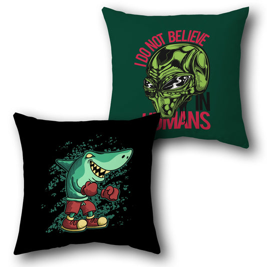 Boxing Shark & Alien Belief Cushion – Single Design Front & Back