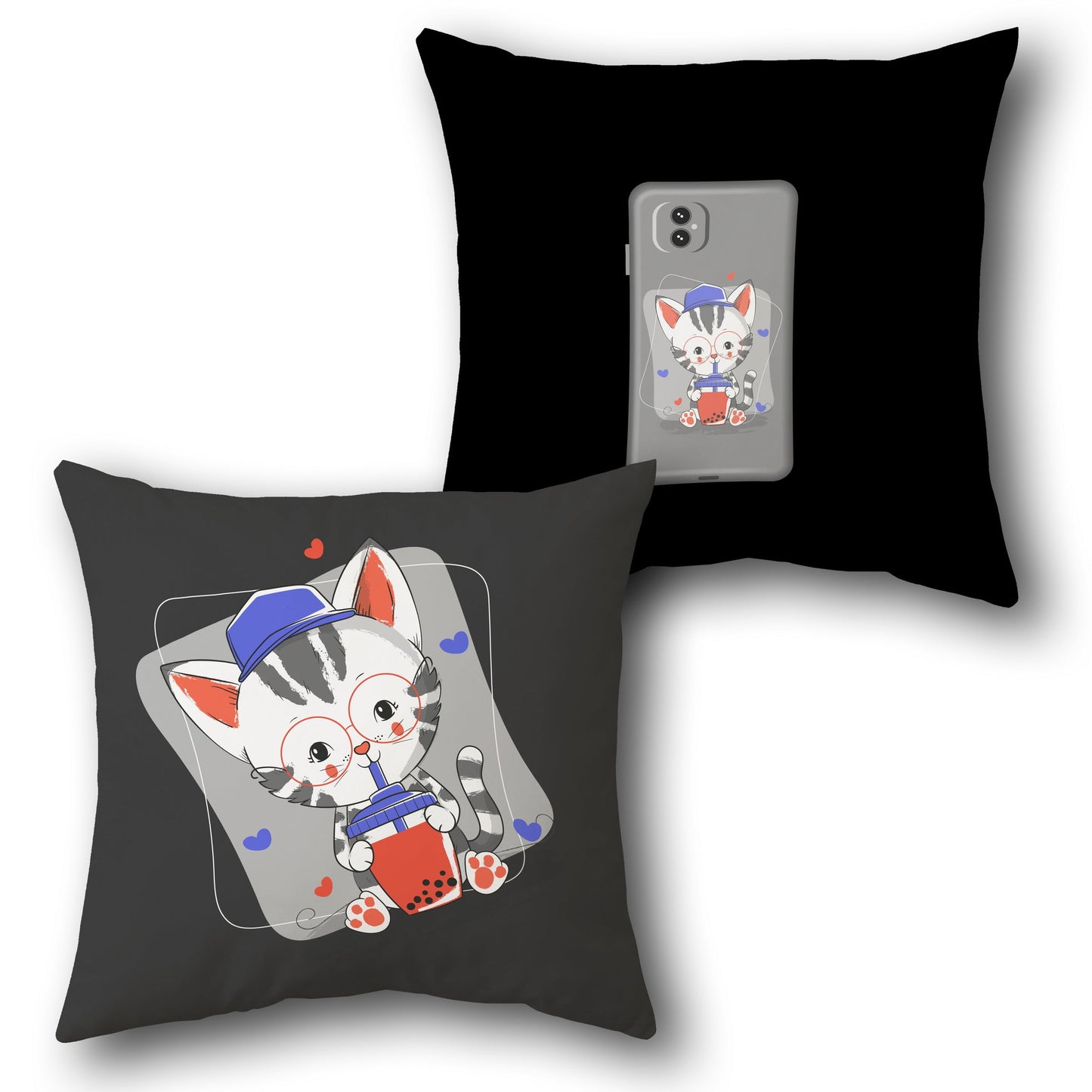 Boba Buddy Cat Cushion – Front & Back Cartoon Kitty