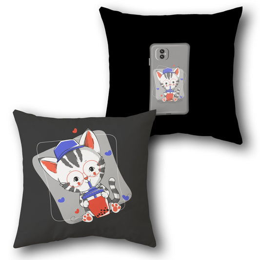 Boba Buddy Cat Cushion – Front & Back Cartoon Kitty