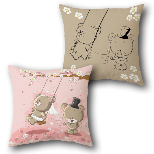 Blossom Bear Wedding Cushion – Cute Couple on Swing, Front & Back Design