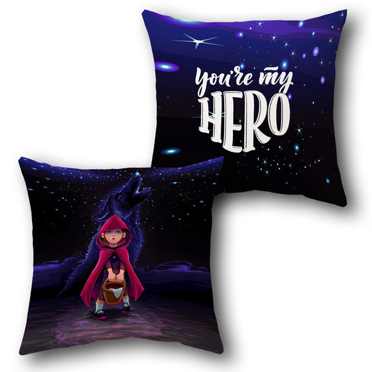 Galactic Hero Cushion – Little Red & Cosmic Wolf, Dual Side Design