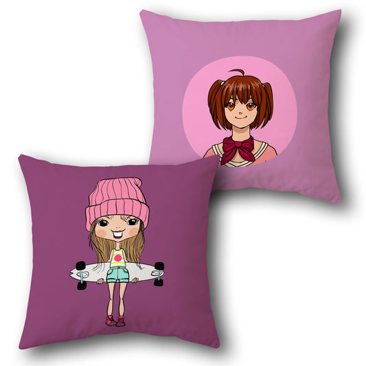Skater Girl & Kawaii Friend Cushion – Playful Pink Dual Side