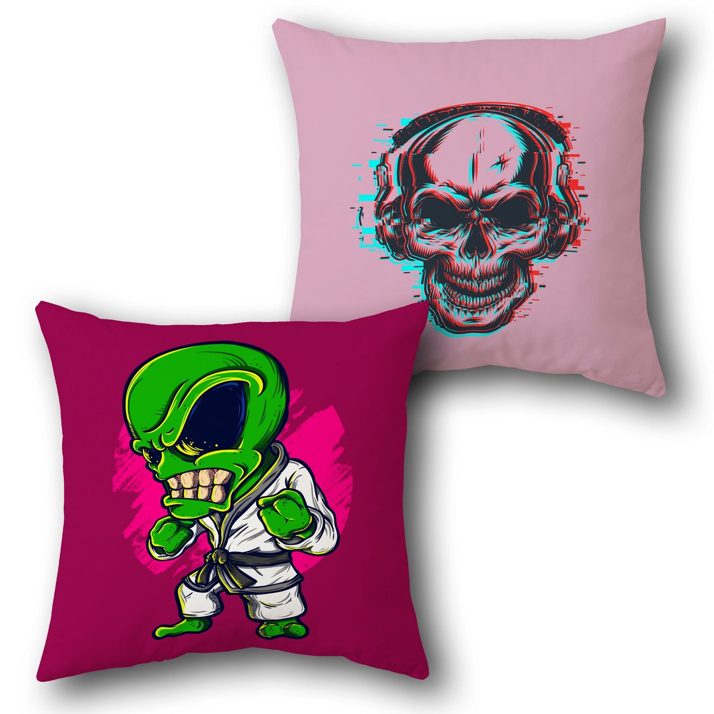 Alien Fighter & Glitch Skull Dual-Sided Cushion