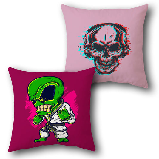 Alien Fighter & Glitch Skull Dual-Sided Cushion