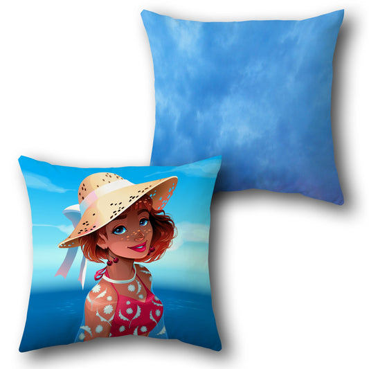 Seaside Serenity Cushion – Summer Girl with Sun Hat