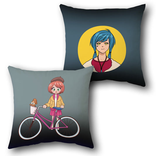 Urban Journey Anime Cushion – Bicycle Girl & Blue-Haired